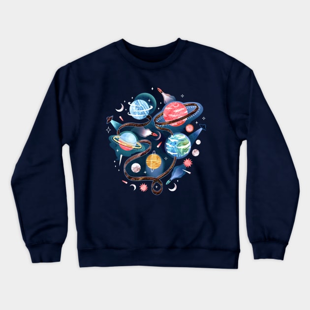 Highway to Intergalactic Adventure - Blue, Pink & Yellow Crewneck Sweatshirt by TigaTiga